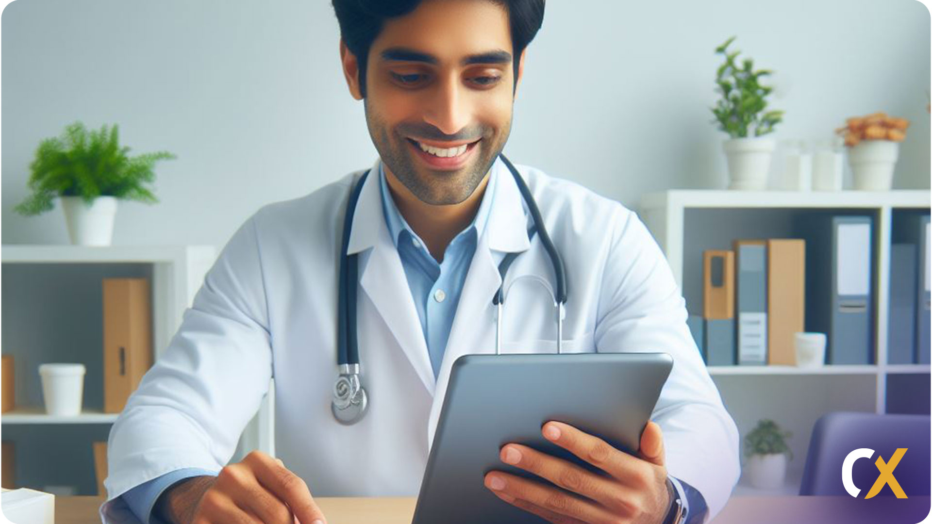 Imagen de un profesional médico utilizando tecnología para gestionar el riesgo en salud.