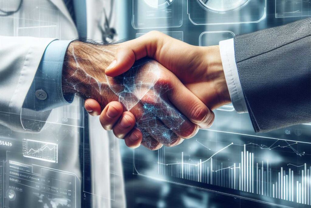 Dos manos de un doctor y una persona de negocios conectando con transformación digital