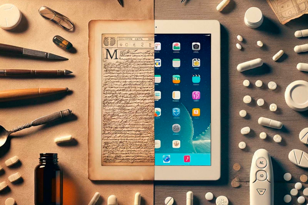 Comparación entre una receta en papel y una receta electrónica en pantalla, destacando la transformación digital en la gestión de medicamentos.