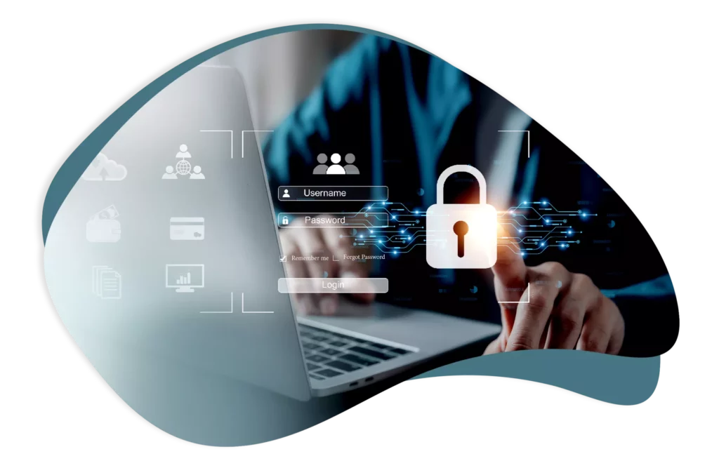 Fotografía de persona en la computadora, sobre ella una ilustración representando tecnología, privacidad y seguridad
